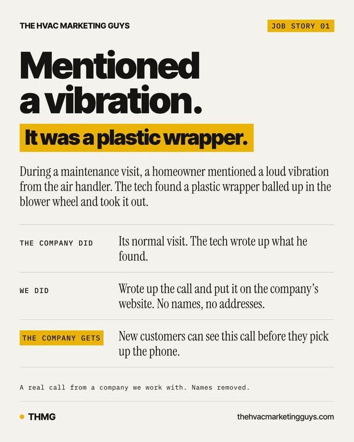 Job card: a homeowner mentioned a vibration, and it was a plastic wrapper in the blower wheel. What the company did, what the marketing team did, and what the company gets.